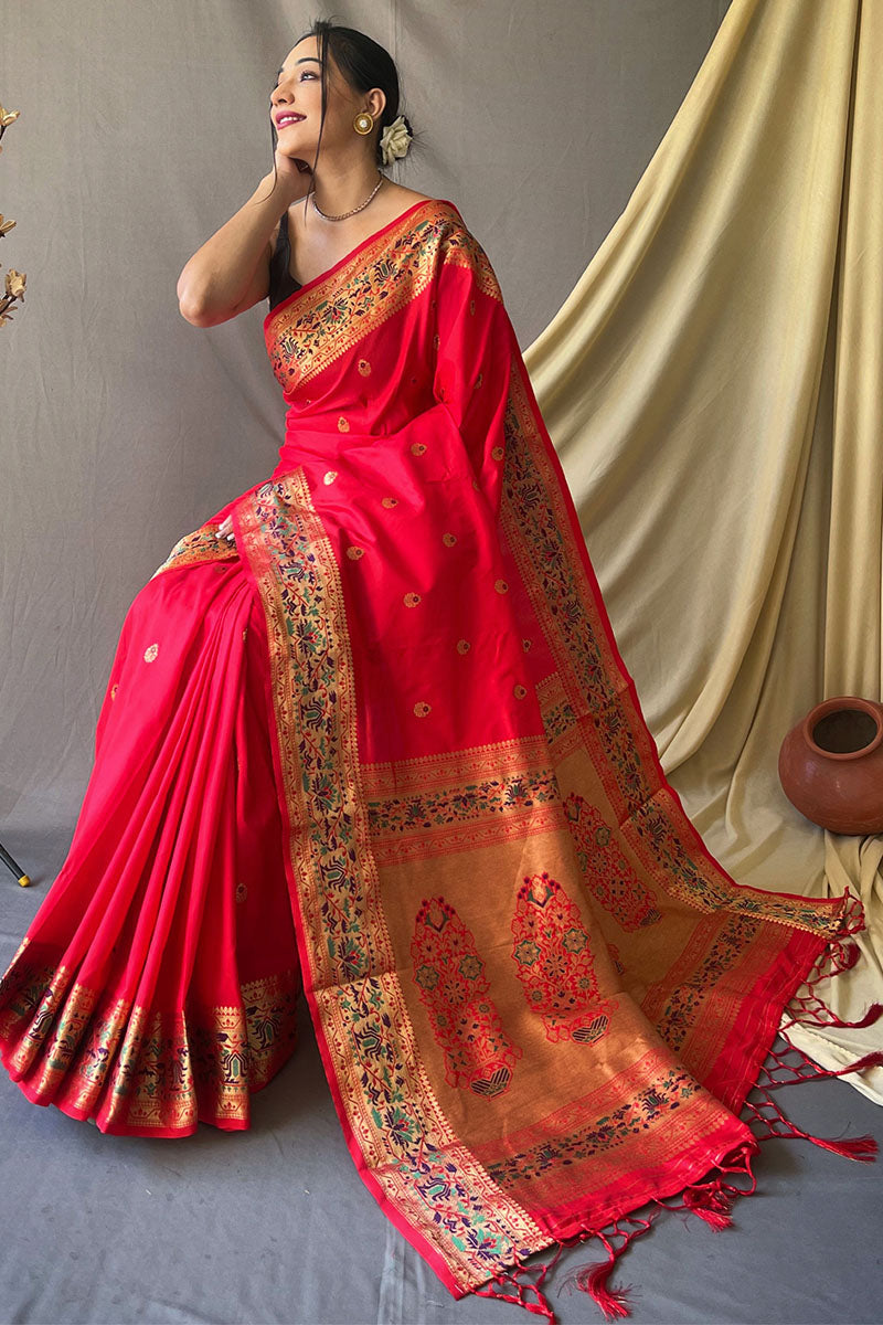 Cadmium Red Zari Woven Paithani Silk Saree