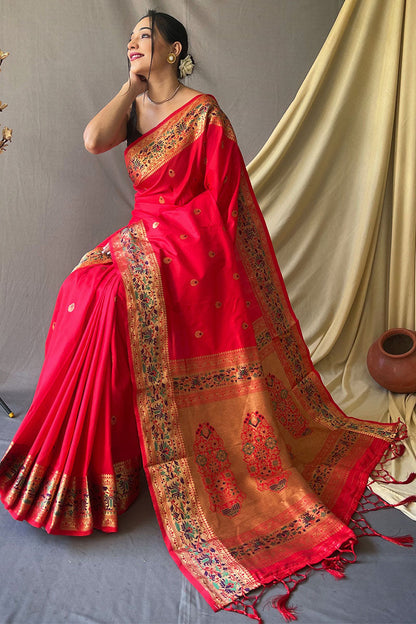 Cadmium Red Zari Woven Paithani Silk Saree