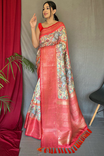 Cameo Beige Zari Woven Printed Soft Silk Saree