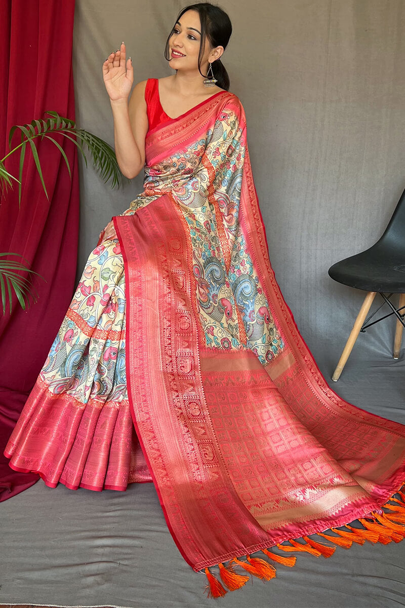 Cameo Beige Zari Woven Printed Soft Silk Saree