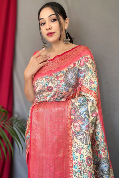 Cameo Beige Zari Woven Printed Soft Silk Saree