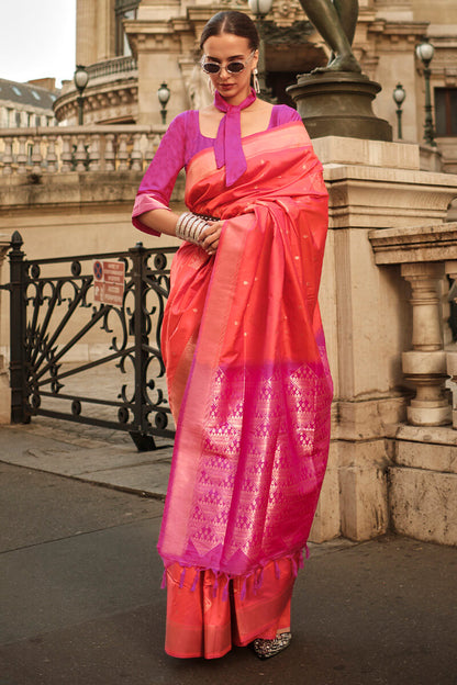 Carmine Pink Soft Banarasi Silk Saree