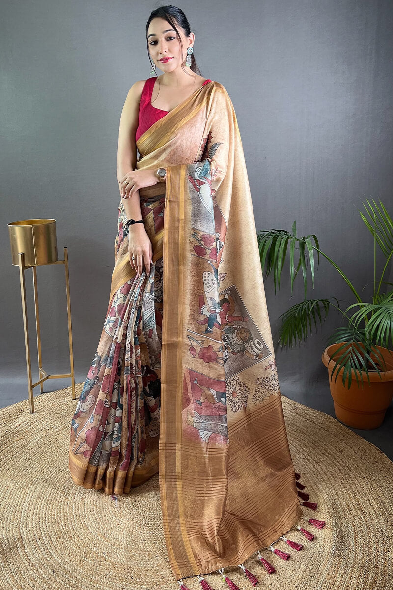 Cashmere Beige Kalamkari Printed Soft Silk Saree