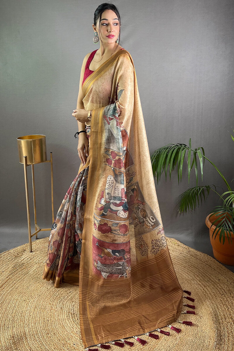 Cashmere Beige Kalamkari Printed Soft Silk Saree