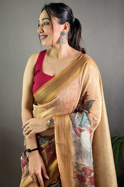 Cashmere Beige Kalamkari Printed Soft Silk Saree