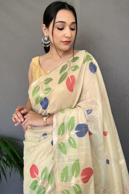 Cashmere Beige Linen Silk Saree