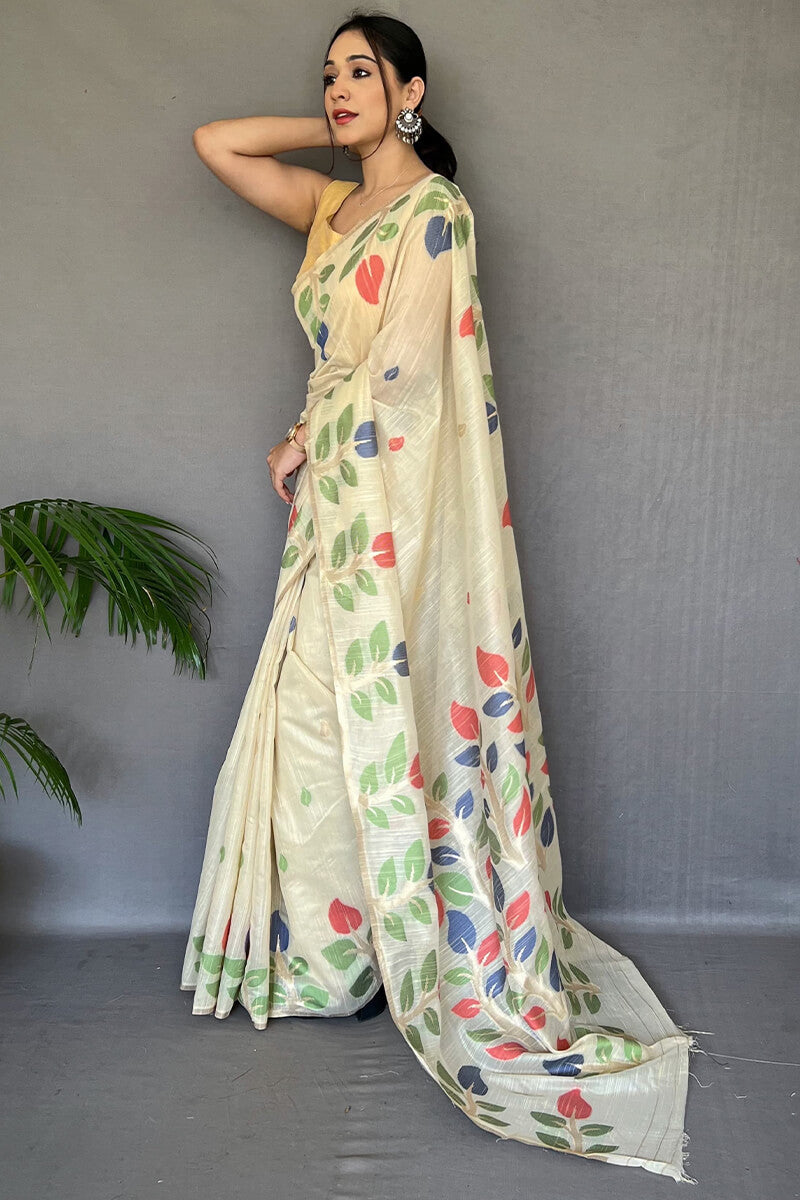 Cashmere Beige Linen Silk Saree