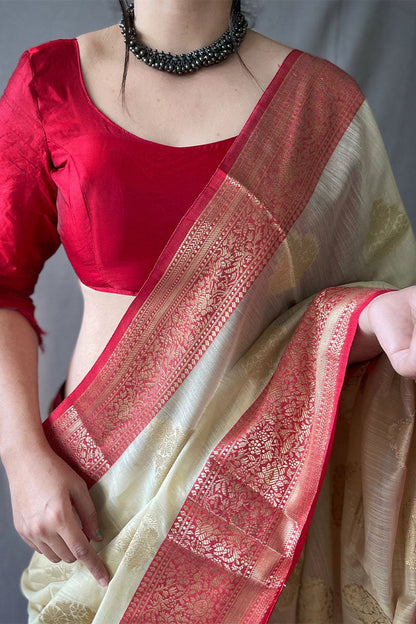 Cashmere Beige Zari Woven Linen Silk Saree