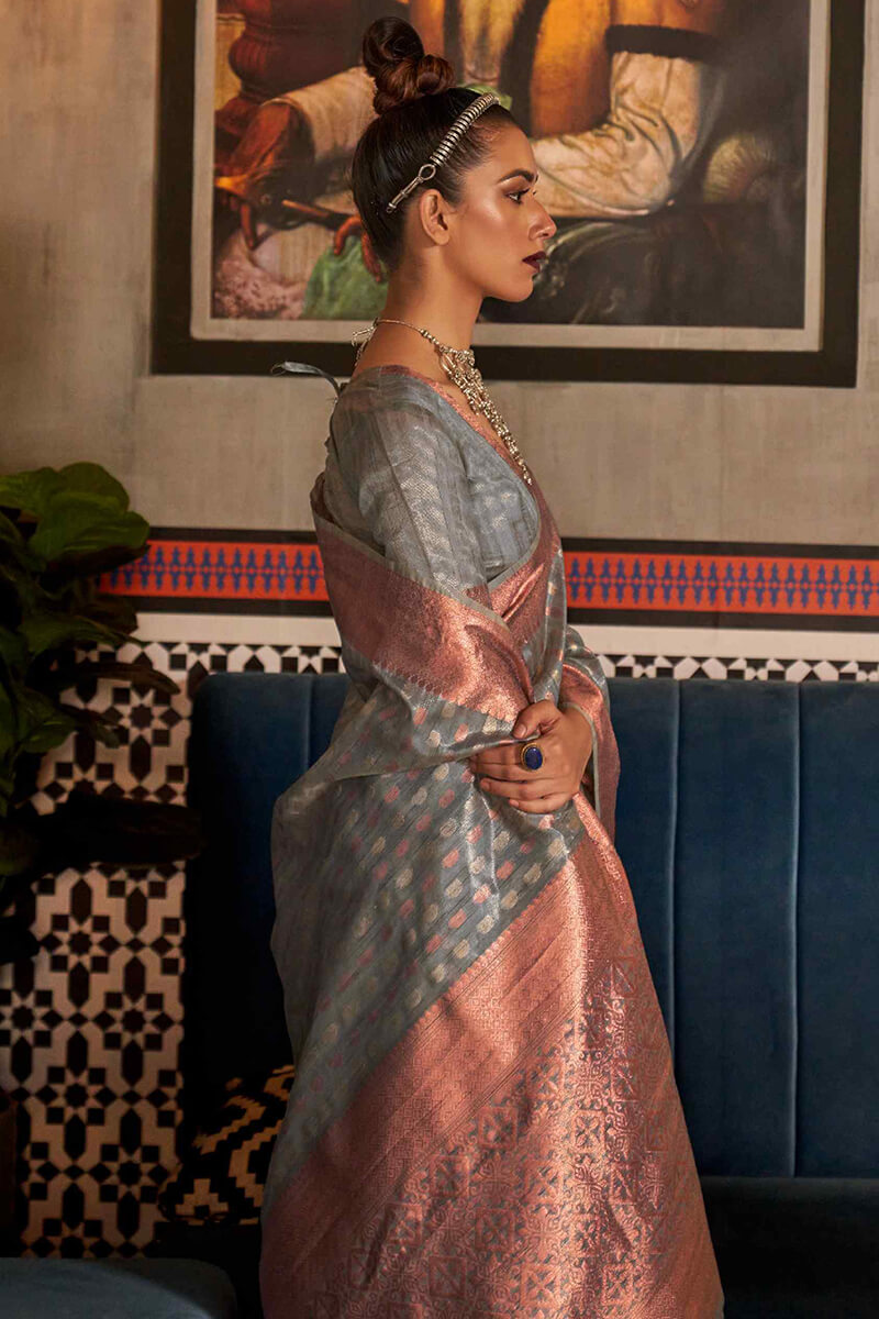 Cement Grey Banarasi Tissue Woven Silk Saree with Copper Zari