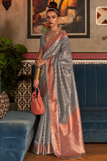 Cement Grey Banarasi Tissue Woven Silk Saree with Copper Zari