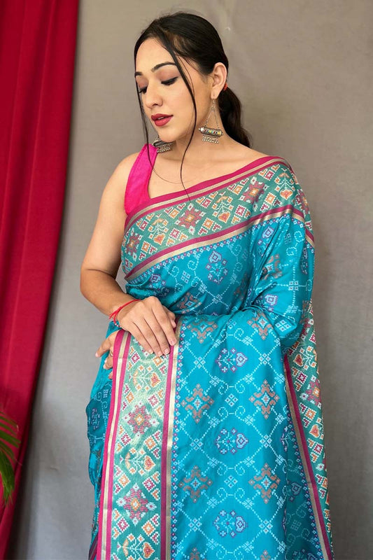 Cerulean Blue Patola Silk Saree