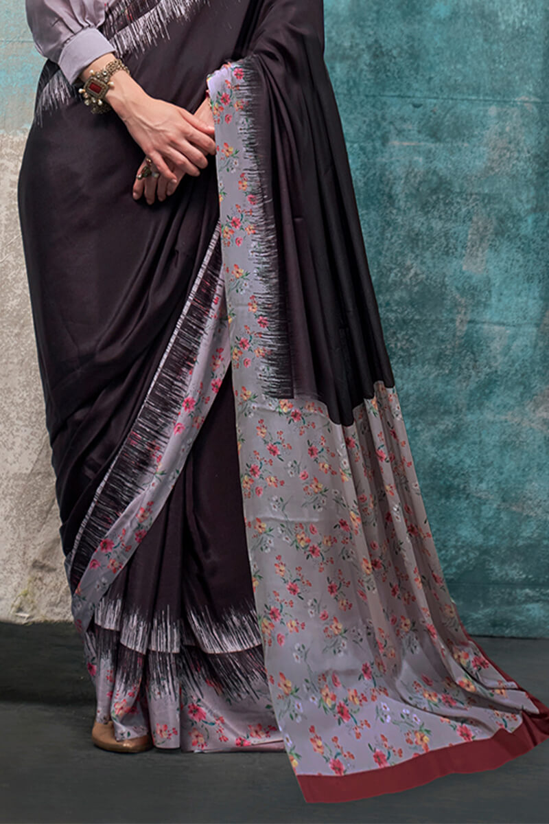 Charcoal Black Printed Crape Silk Saree