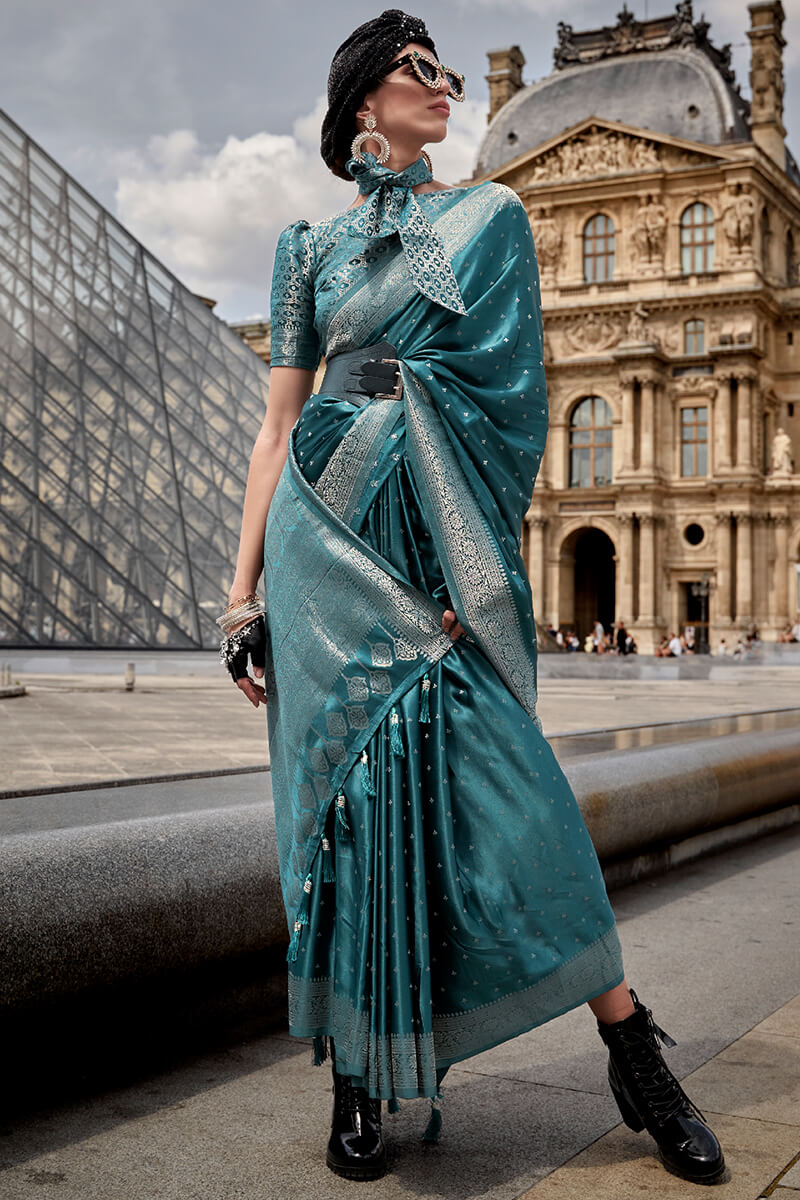 Chathams Blue Zari Woven Banarasi Satin Silk Saree