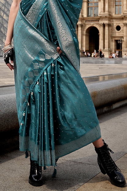 Chathams Blue Zari Woven Banarasi Satin Silk Saree