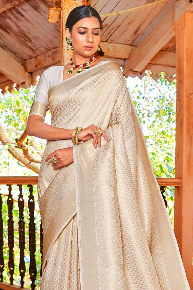 Citrine White Kanjivaram Silk Saree