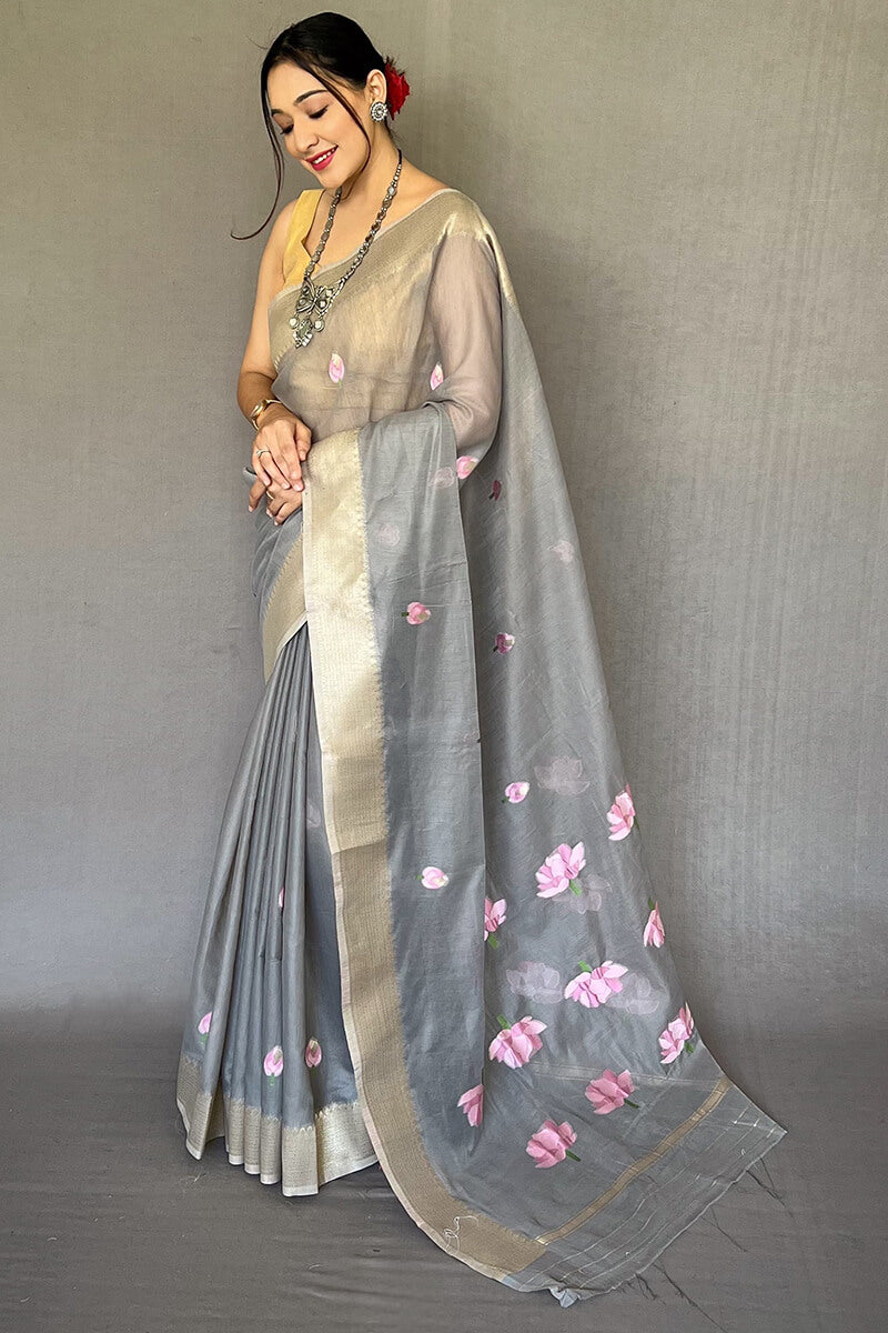 Cloudy Grey Printed Linen Saree