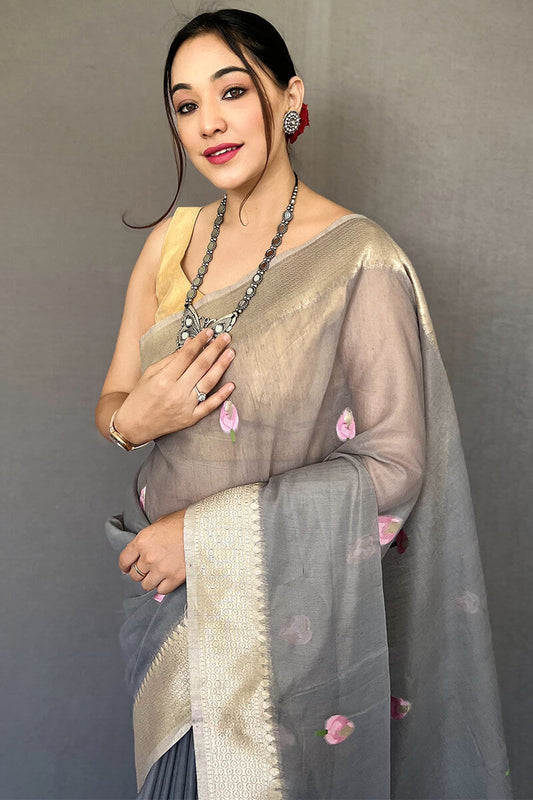 Cloudy Grey Printed Linen Saree