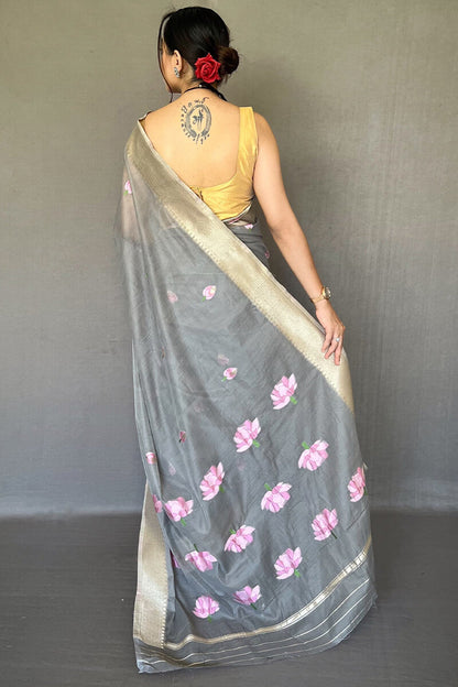 Cloudy Grey Printed Linen Saree