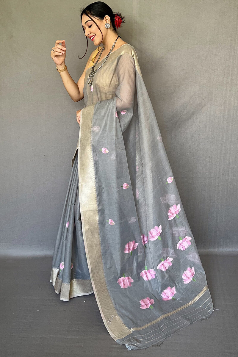 Cloudy Grey Printed Linen Saree