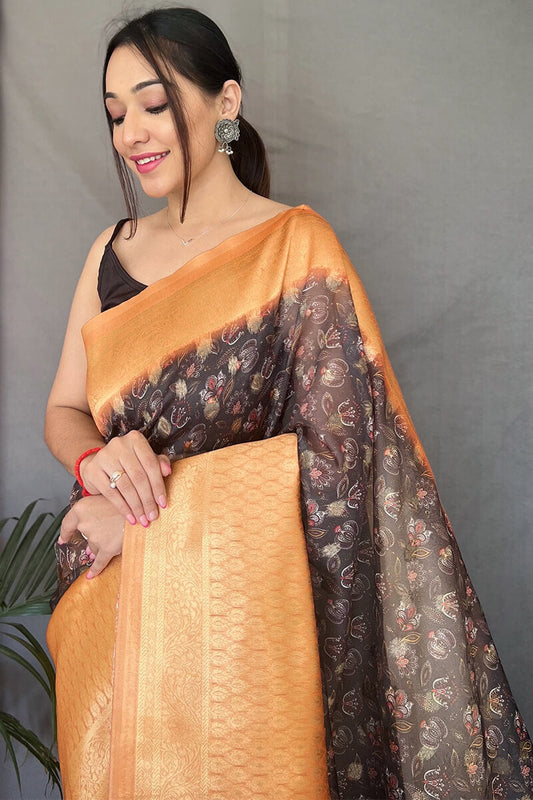 Congo Brown Kalamkari Printed Soft Silk Saree