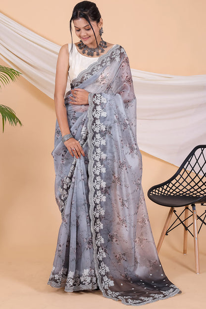 Cool Grey Printed Organza Embroidery Work Saree