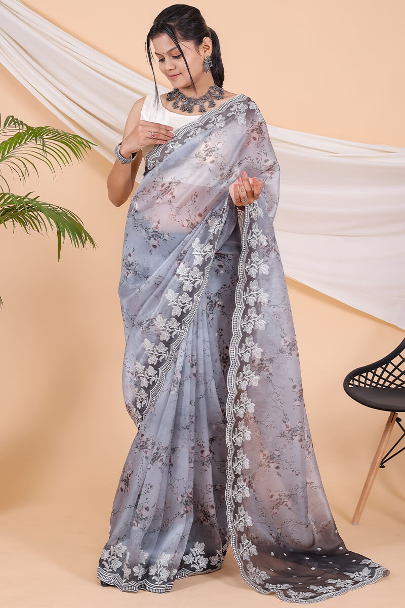 Cool Grey Printed Organza Embroidery Work Saree
