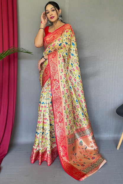 Dairy Cream Kalamkari Printed Silk Saree