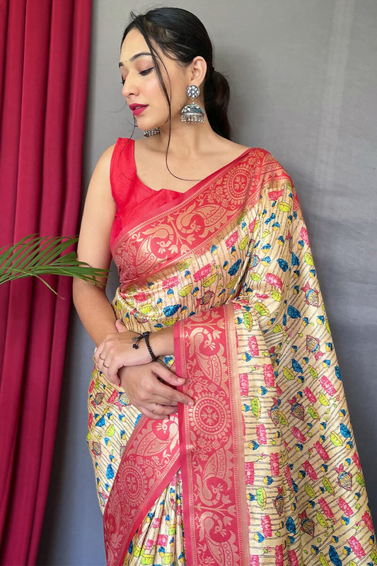 Dairy Cream Kalamkari Printed Silk Saree