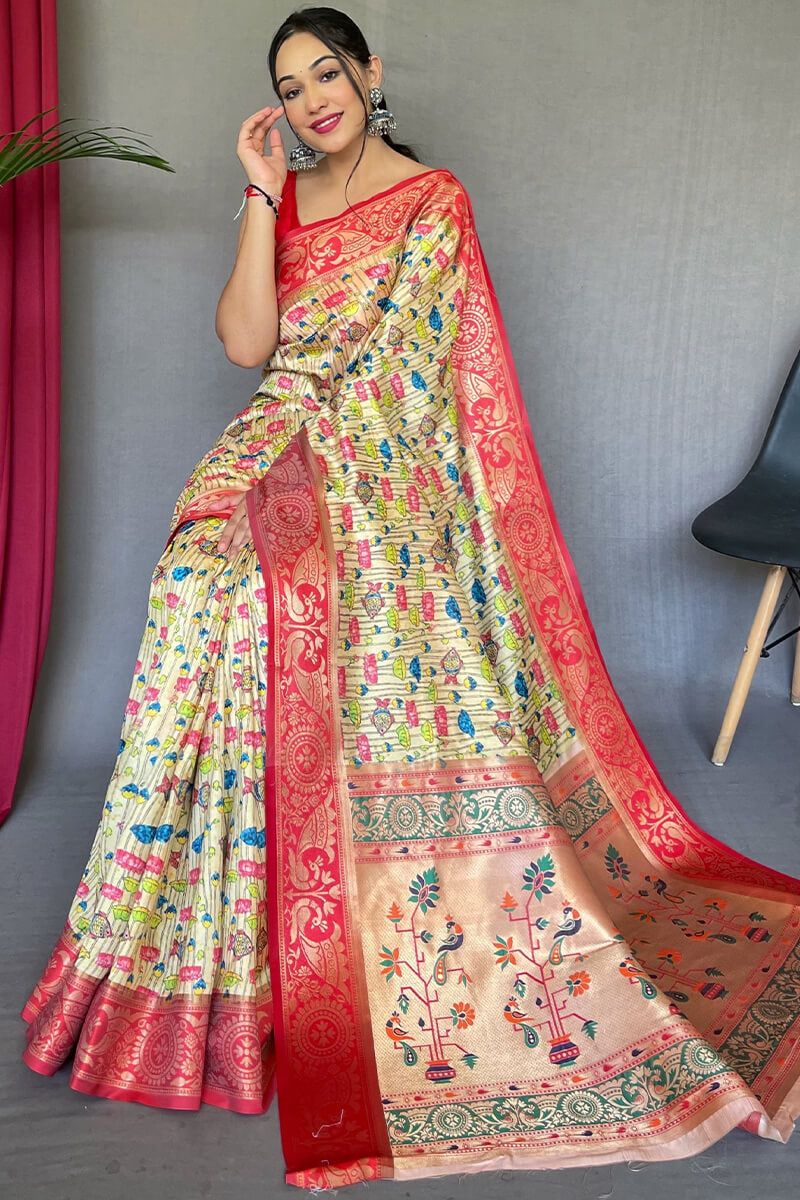 Dairy Cream Kalamkari Printed Silk Saree