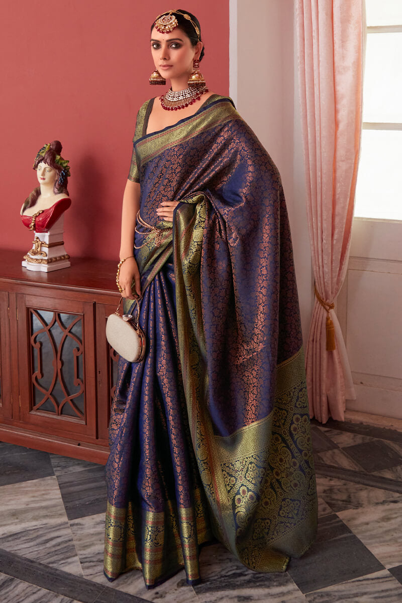 Dark Blue Zari Woven Kanjivaram Silk Saree – GLAM RANI