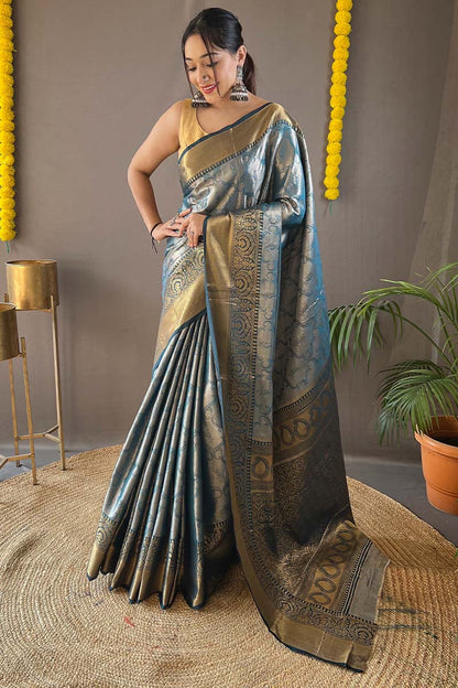 Dark Grey Blue Kanjivaram Silk Saree