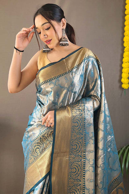Dark Grey Blue Kanjivaram Silk Saree