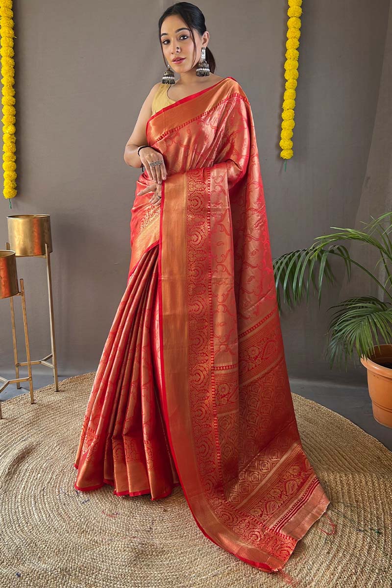 Dark Pastel Red Kanjivaram Silk Saree