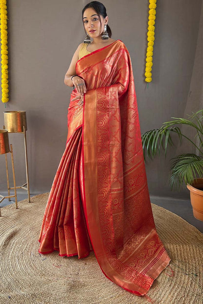 Dark Pastel Red Kanjivaram Silk Saree
