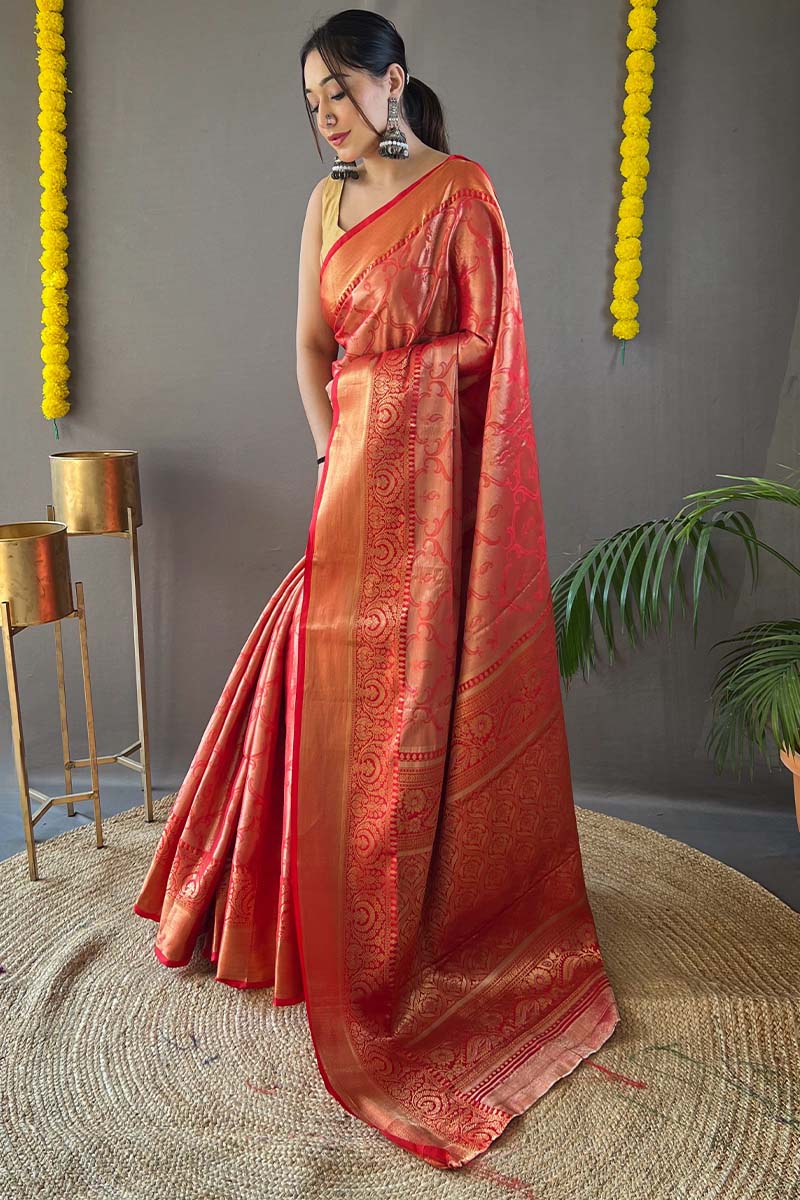 Dark Pastel Red Kanjivaram Silk Saree