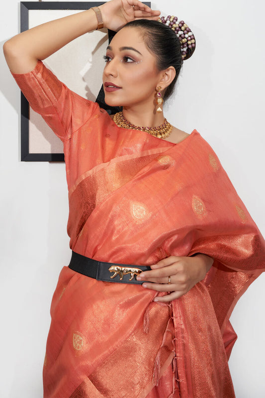 Dark Peach Banarasi Tissue Silk Saree