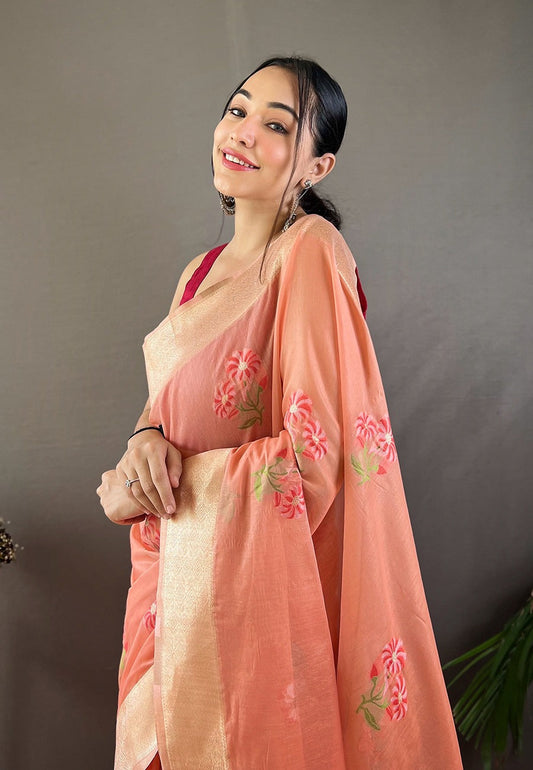 Dark Peach Embroidered Work Cotton Saree