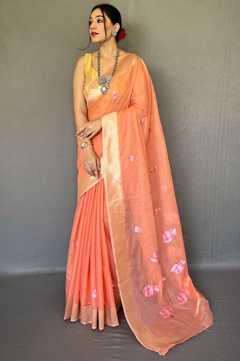 Dark Peach Printed Linen Saree