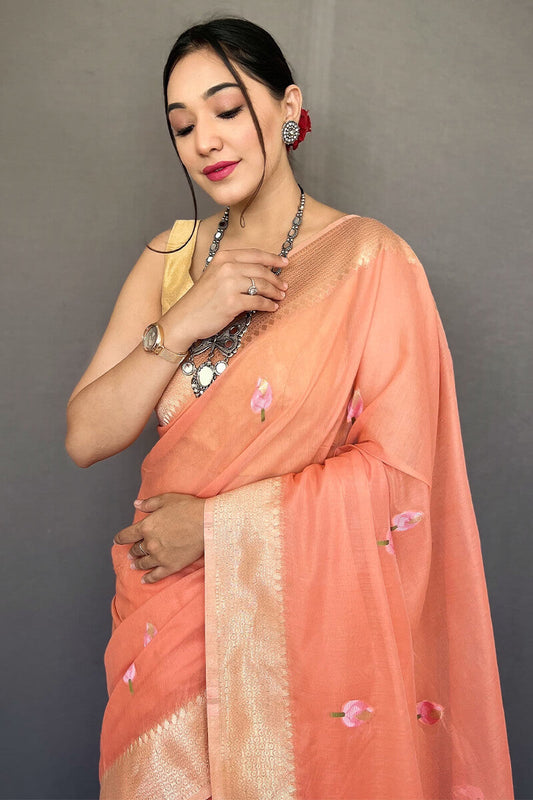 Dark Peach Printed Linen Saree