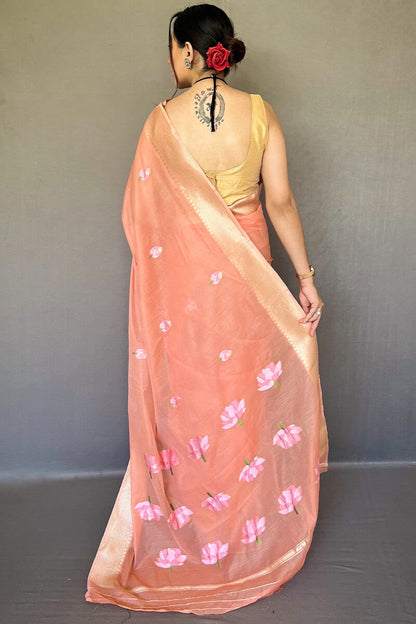 Dark Peach Printed Linen Saree
