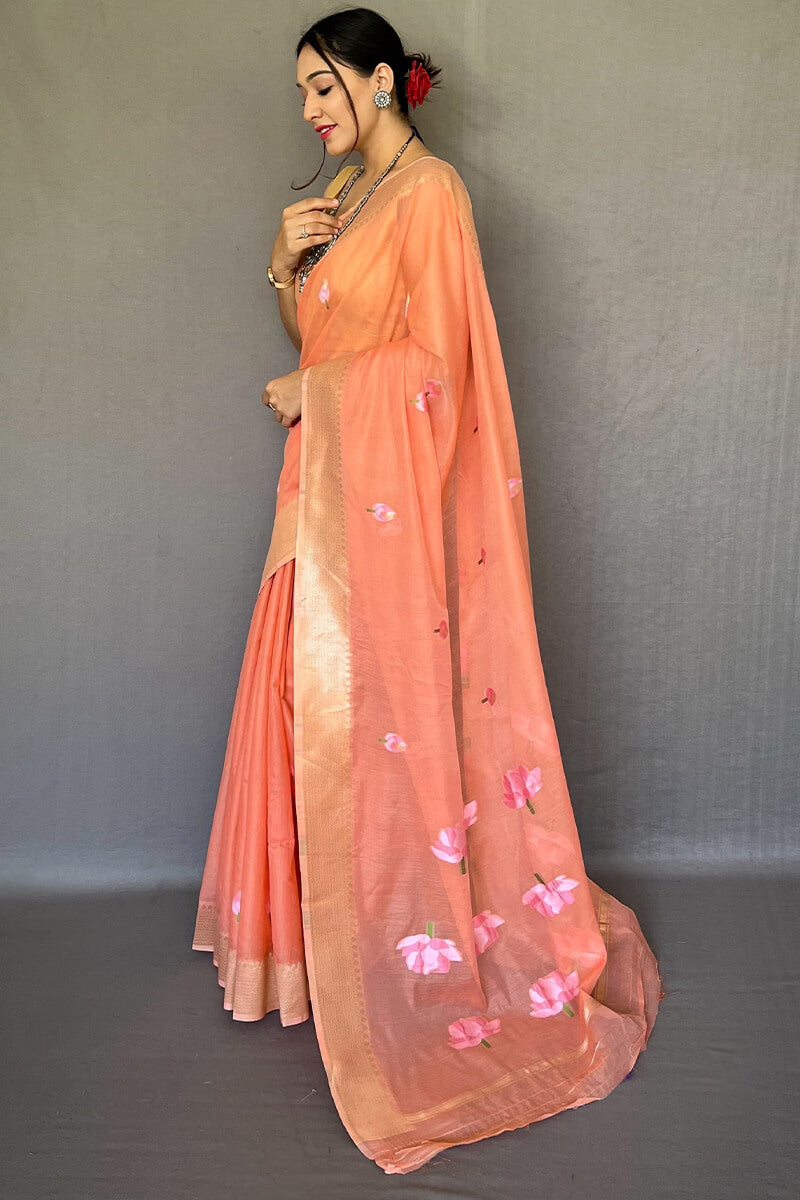 Dark Peach Printed Linen Saree