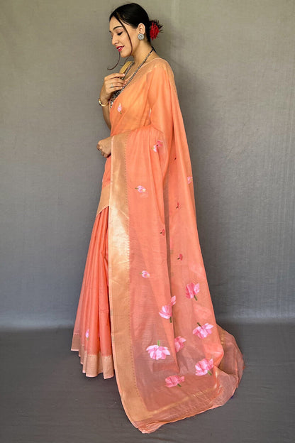 Dark Peach Printed Linen Saree