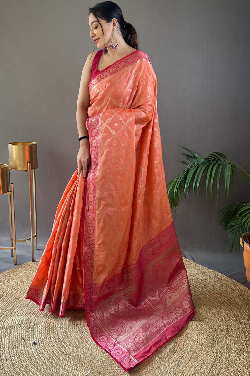 Dark Peach Zari Woven Banarasi Silk Saree