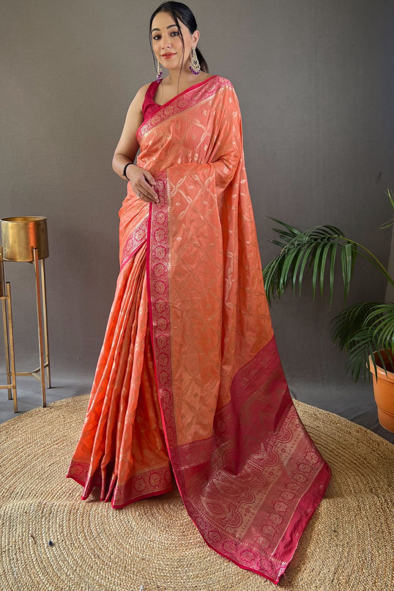Dark Peach Zari Woven Banarasi Silk Saree