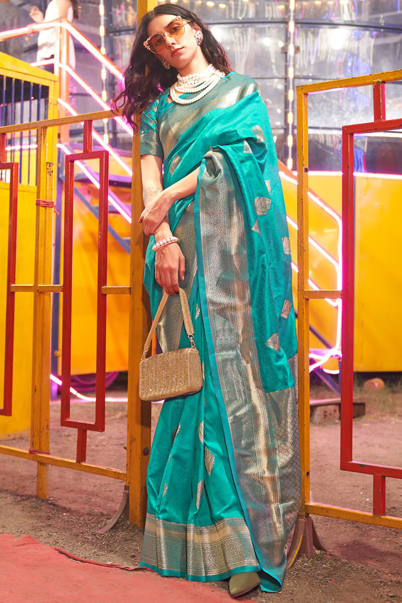 Dark Turquoise Banarasi Handloom Silk Saree