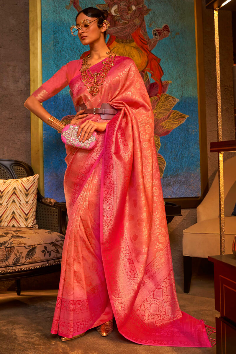 Deep Peach and Pink Kanjivaram Silk Saree