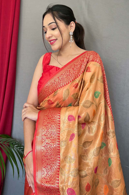 Deep Peach Banarasi Tissue Silk Saree