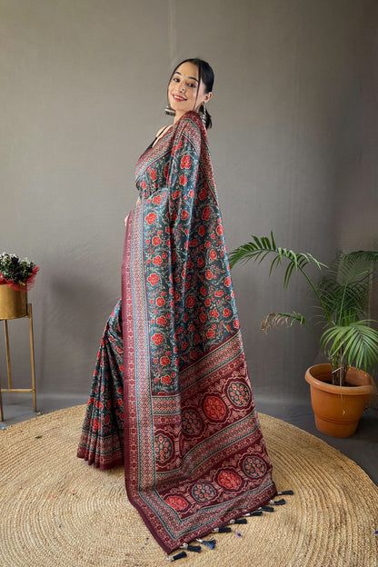 Teal Blue Digital Printed Silk Saree