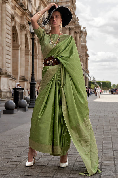 Drab Green Zari Woven Banarasi Satin Silk Saree