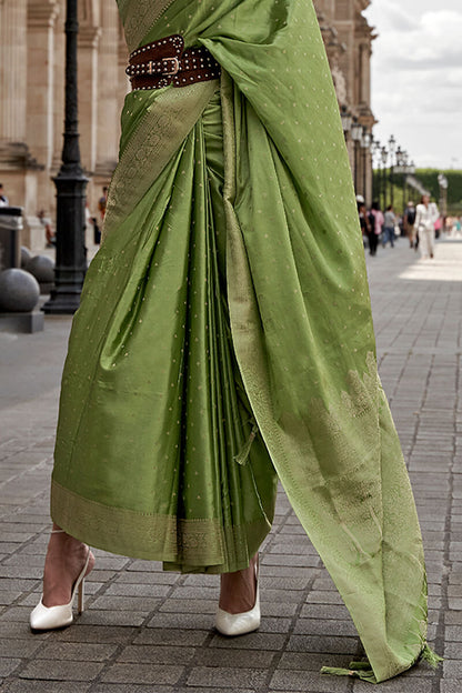 Drab Green Zari Woven Banarasi Satin Silk Saree